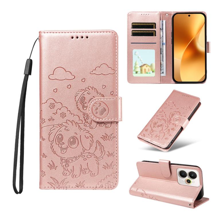 Embossed Heart Dog RFID Blocking Wallet Leather Phone Case, For Realme 16 Pro+ 5G Global, For Realme 16 Pro 5G Global, For Realme 15X 5G India / C85 5G, For Realme C85 Pro 4G, For Realme Narzo 80 Lite 4G / Note 70T, For Realme 15 5G / 15 Pro 5G Global ...
