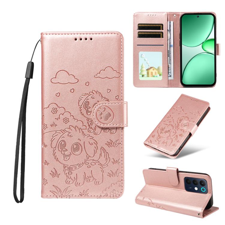 Embossed Heart Dog RFID Blocking Wallet Leather Phone Case, For Realme 16 Pro+ 5G Global, For Realme 16 Pro 5G Global, For Realme 15X 5G India / C85 5G, For Realme C85 Pro 4G, For Realme Narzo 80 Lite 4G / Note 70T, For Realme 15 5G / 15 Pro 5G Global ...