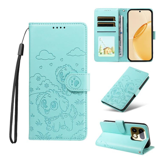 Embossed Heart Dog RFID Blocking Wallet Leather Phone Case, For Realme 16 Pro+ 5G Global, For Realme 16 Pro 5G Global, For Realme 15X 5G India / C85 5G, For Realme C85 Pro 4G, For Realme Narzo 80 Lite 4G / Note 70T, For Realme 15 5G / 15 Pro 5G Global