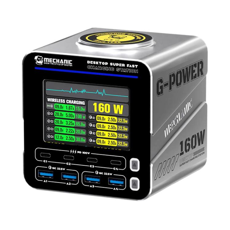 Station de charge rapide de bureau Mechanic G-POWER 160W GaN avec charge rapide magnétique 15W, prise EU, prise US, prise UK