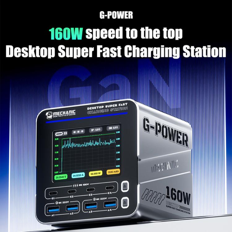 Station de charge rapide de bureau Mechanic G-POWER 160W GaN avec charge rapide magnétique 15W, prise EU, prise US, prise UK