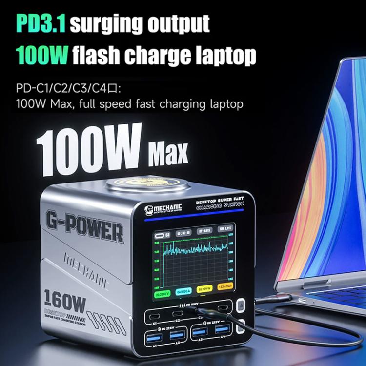 Station de charge rapide de bureau Mechanic G-POWER 160W GaN avec charge rapide magnétique 15W, prise EU, prise US, prise UK