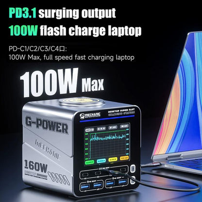 Station de charge rapide de bureau Mechanic G-POWER 160W GaN avec charge rapide magnétique 15W, prise EU, prise US, prise UK