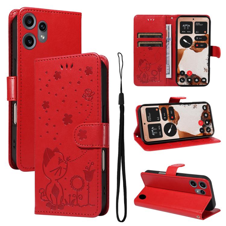 Cat and Bee Embossed Flip Leather Phone Case, For Nothing Phone 4a Pro, For Nothing Phone 4a, For Nothing Phone 3, For Nothing CMF Phone 2 Pro, For Nothing Phone 3A, For Nothing Phone 3A Pro