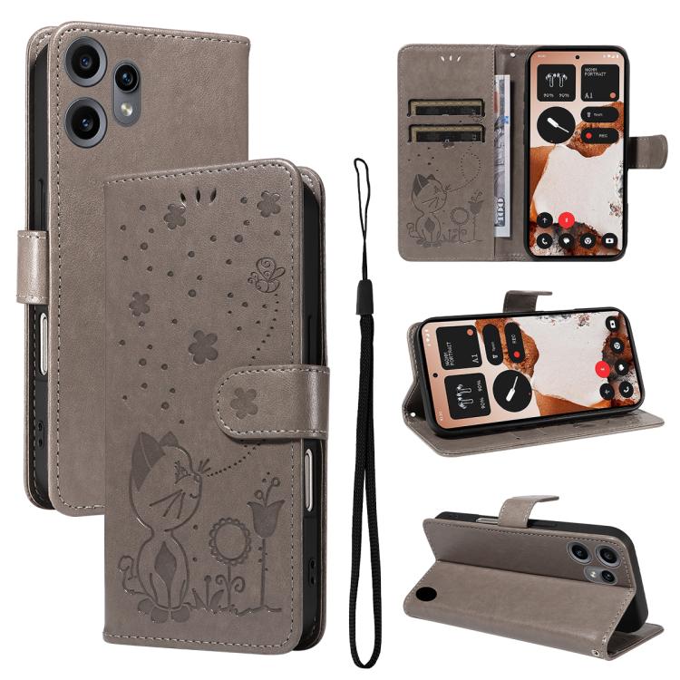 Cat and Bee Embossed Flip Leather Phone Case, For Nothing Phone 4a Pro, For Nothing Phone 4a, For Nothing Phone 3, For Nothing CMF Phone 2 Pro, For Nothing Phone 3A, For Nothing Phone 3A Pro