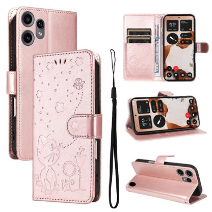 Cat and Bee Embossed Flip Leather Phone Case, For Nothing Phone 4a Pro, For Nothing Phone 4a, For Nothing Phone 3, For Nothing CMF Phone 2 Pro, For Nothing Phone 3A, For Nothing Phone 3A Pro