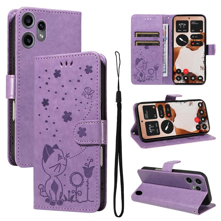 Cat and Bee Embossed Flip Leather Phone Case, For Nothing Phone 4a Pro, For Nothing Phone 4a, For Nothing Phone 3, For Nothing CMF Phone 2 Pro, For Nothing Phone 3A, For Nothing Phone 3A Pro