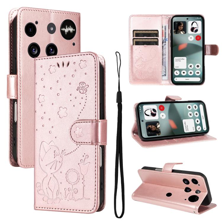 Cat and Bee Embossed Flip Leather Phone Case, For Nothing Phone 4a Pro, For Nothing Phone 4a, For Nothing Phone 3, For Nothing CMF Phone 2 Pro, For Nothing Phone 3A, For Nothing Phone 3A Pro
