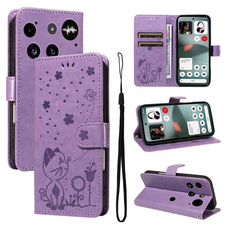 Cat and Bee Embossed Flip Leather Phone Case, For Nothing Phone 4a Pro, For Nothing Phone 4a, For Nothing Phone 3, For Nothing CMF Phone 2 Pro, For Nothing Phone 3A, For Nothing Phone 3A Pro
