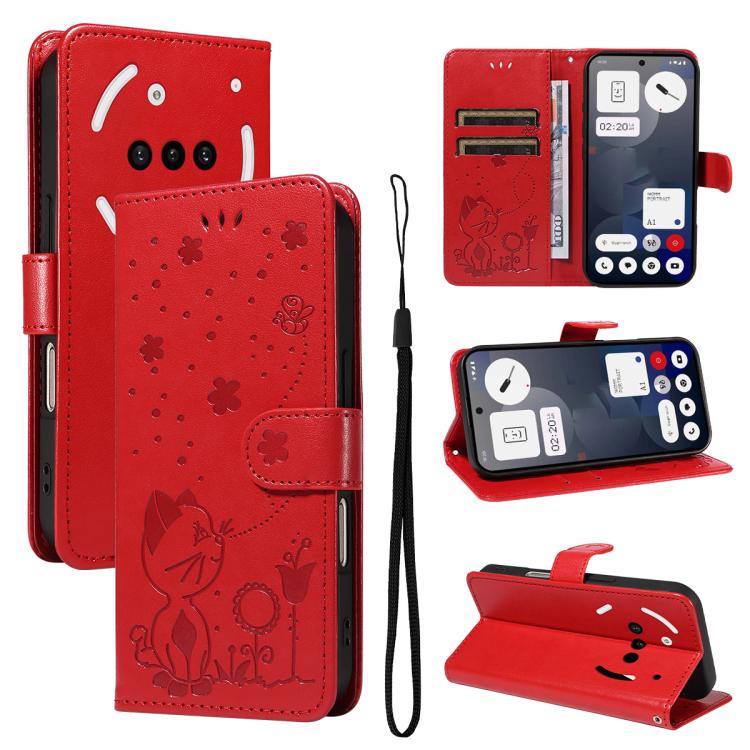 Cat and Bee Embossed Flip Leather Phone Case, For Nothing Phone 4a Pro, For Nothing Phone 4a, For Nothing Phone 3, For Nothing CMF Phone 2 Pro, For Nothing Phone 3A, For Nothing Phone 3A Pro