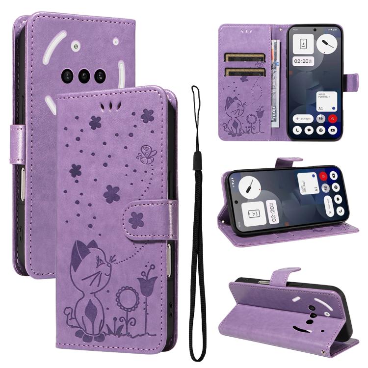 Cat and Bee Embossed Flip Leather Phone Case, For Nothing Phone 4a Pro, For Nothing Phone 4a, For Nothing Phone 3, For Nothing CMF Phone 2 Pro, For Nothing Phone 3A, For Nothing Phone 3A Pro