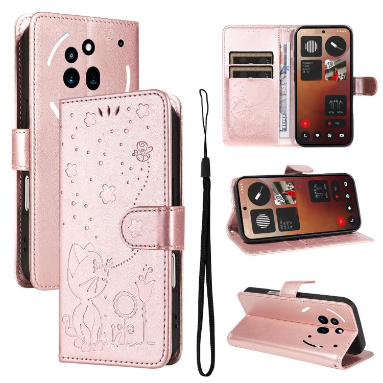 Cat and Bee Embossed Flip Leather Phone Case, For Nothing Phone 4a Pro, For Nothing Phone 4a, For Nothing Phone 3, For Nothing CMF Phone 2 Pro, For Nothing Phone 3A, For Nothing Phone 3A Pro