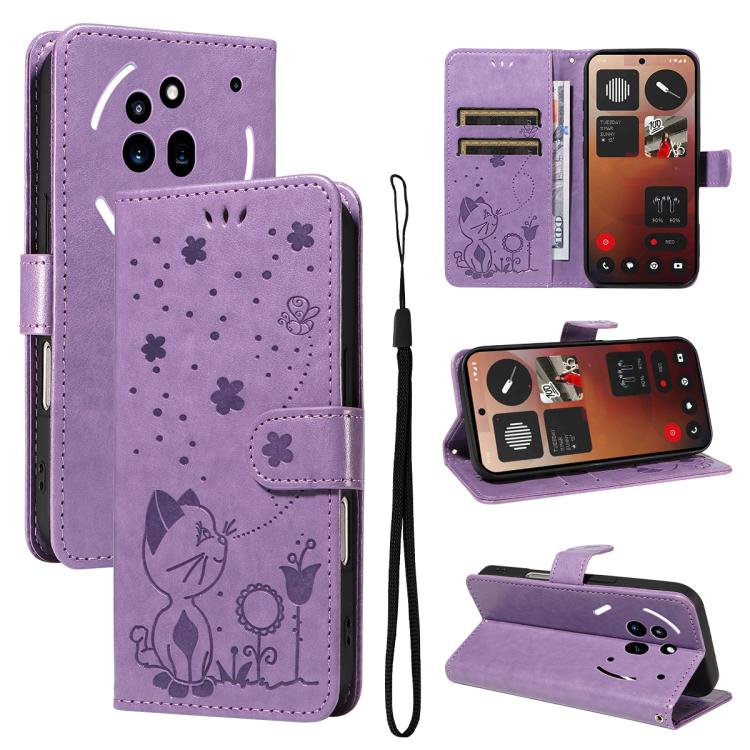 Cat and Bee Embossed Flip Leather Phone Case, For Nothing Phone 4a Pro, For Nothing Phone 4a, For Nothing Phone 3, For Nothing CMF Phone 2 Pro, For Nothing Phone 3A, For Nothing Phone 3A Pro