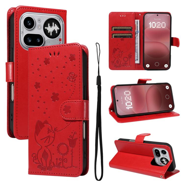 Cat and Bee Embossed Flip Leather Phone Case, For Nothing Phone 4a Pro, For Nothing Phone 4a, For Nothing Phone 3, For Nothing CMF Phone 2 Pro, For Nothing Phone 3A, For Nothing Phone 3A Pro