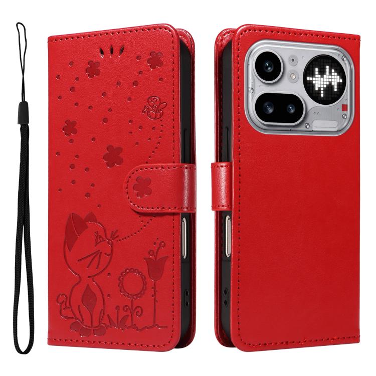 Cat and Bee Embossed Flip Leather Phone Case, For Nothing Phone 4a Pro, For Nothing Phone 4a, For Nothing Phone 3, For Nothing CMF Phone 2 Pro, For Nothing Phone 3A, For Nothing Phone 3A Pro