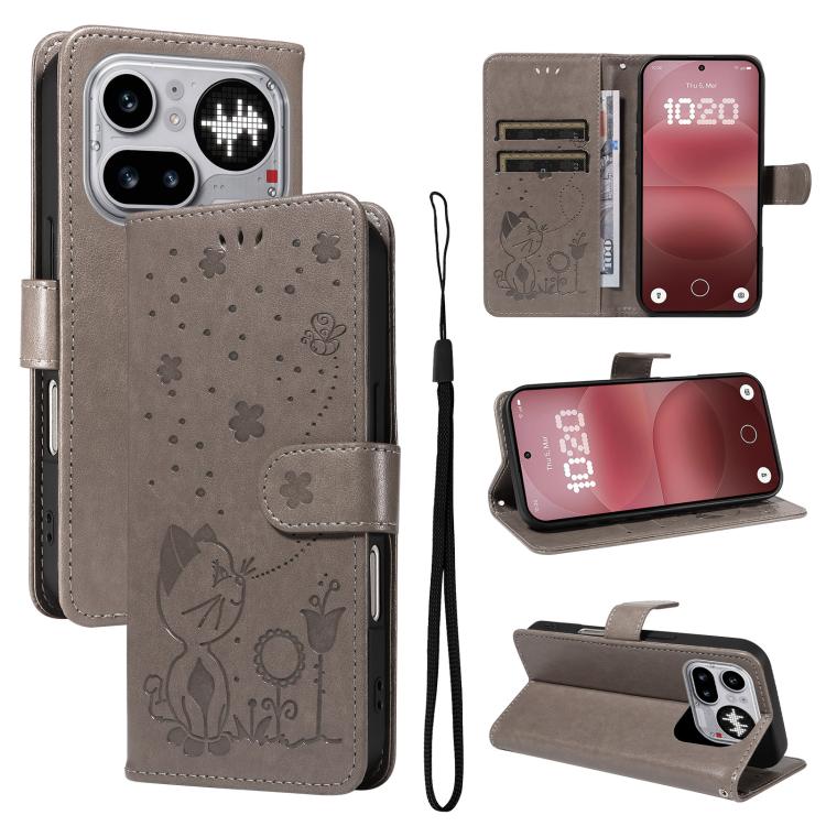 Cat and Bee Embossed Flip Leather Phone Case, For Nothing Phone 4a Pro, For Nothing Phone 4a, For Nothing Phone 3, For Nothing CMF Phone 2 Pro, For Nothing Phone 3A, For Nothing Phone 3A Pro