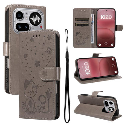 Cat and Bee Embossed Flip Leather Phone Case, For Nothing Phone 4a Pro, For Nothing Phone 4a, For Nothing Phone 3, For Nothing CMF Phone 2 Pro, For Nothing Phone 3A, For Nothing Phone 3A Pro