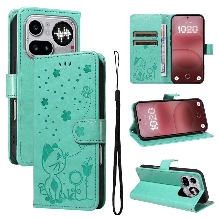 Cat and Bee Embossed Flip Leather Phone Case, For Nothing Phone 4a Pro, For Nothing Phone 4a, For Nothing Phone 3, For Nothing CMF Phone 2 Pro, For Nothing Phone 3A, For Nothing Phone 3A Pro