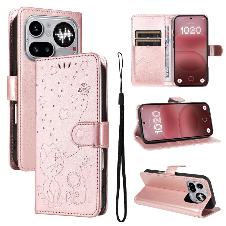 Cat and Bee Embossed Flip Leather Phone Case, For Nothing Phone 4a Pro, For Nothing Phone 4a, For Nothing Phone 3, For Nothing CMF Phone 2 Pro, For Nothing Phone 3A, For Nothing Phone 3A Pro