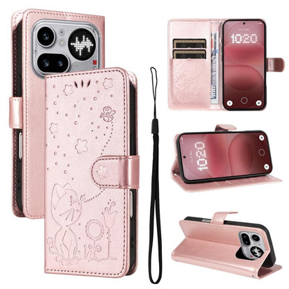 Cat and Bee Embossed Flip Leather Phone Case, For Nothing Phone 4a Pro, For Nothing Phone 4a, For Nothing Phone 3, For Nothing CMF Phone 2 Pro, For Nothing Phone 3A, For Nothing Phone 3A Pro