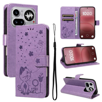 Cat and Bee Embossed Flip Leather Phone Case, For Nothing Phone 4a Pro, For Nothing Phone 4a, For Nothing Phone 3, For Nothing CMF Phone 2 Pro, For Nothing Phone 3A, For Nothing Phone 3A Pro