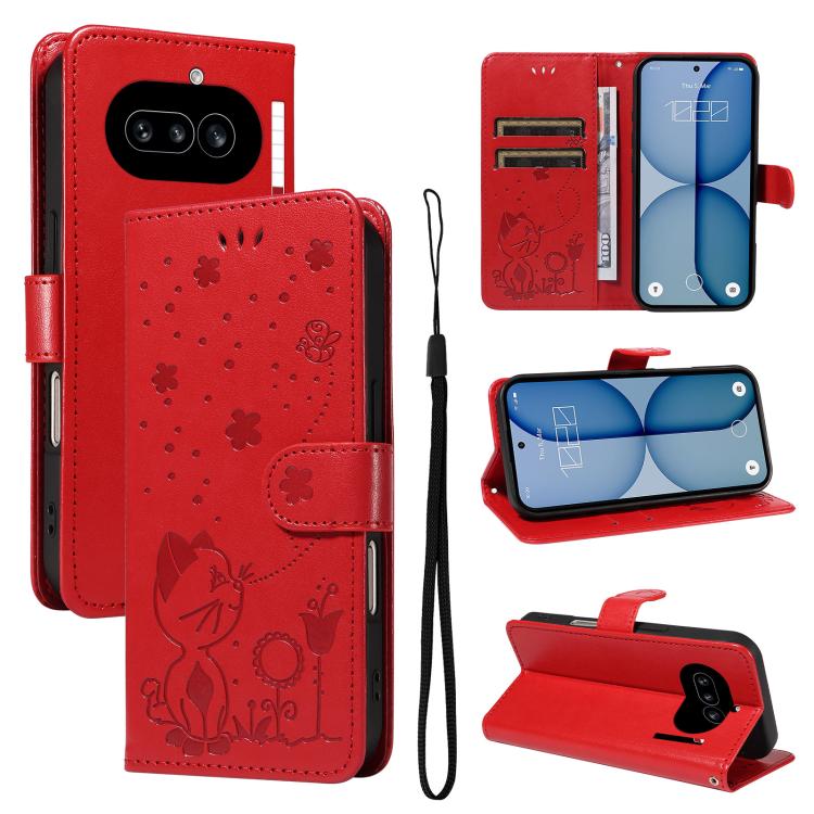 Cat and Bee Embossed Flip Leather Phone Case, For Nothing Phone 4a Pro, For Nothing Phone 4a, For Nothing Phone 3, For Nothing CMF Phone 2 Pro, For Nothing Phone 3A, For Nothing Phone 3A Pro