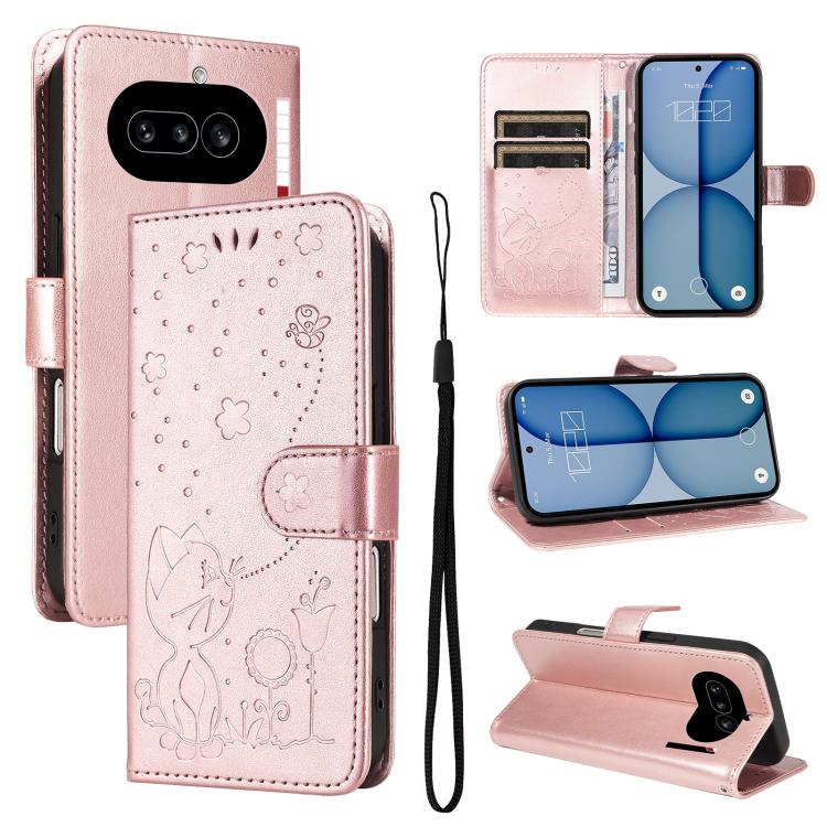 Cat and Bee Embossed Flip Leather Phone Case, For Nothing Phone 4a Pro, For Nothing Phone 4a, For Nothing Phone 3, For Nothing CMF Phone 2 Pro, For Nothing Phone 3A, For Nothing Phone 3A Pro