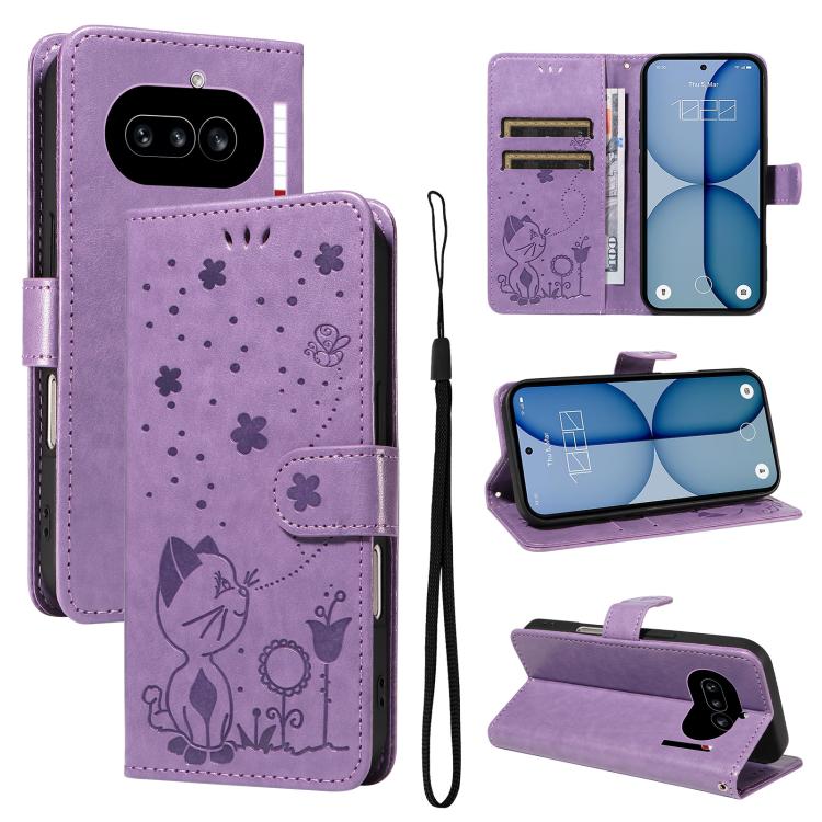 Cat and Bee Embossed Flip Leather Phone Case, For Nothing Phone 4a Pro, For Nothing Phone 4a, For Nothing Phone 3, For Nothing CMF Phone 2 Pro, For Nothing Phone 3A, For Nothing Phone 3A Pro