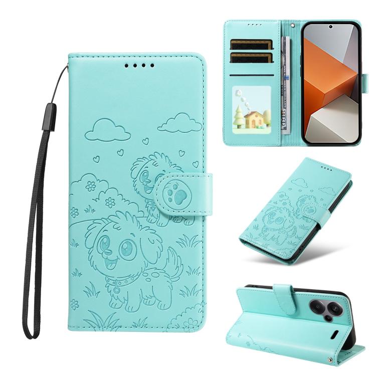 Embossed Heart Dog RFID Blocking Wallet Leather Phone Case, For Redmi Note 13 Pro+ 5G, For Redmi 12 4G / 5G / Note 12R, For Redmi Note 12 Turbo / Poco F5, For Redmi 11A 4G / Poco C55, For Redmi 10C / 10 Power