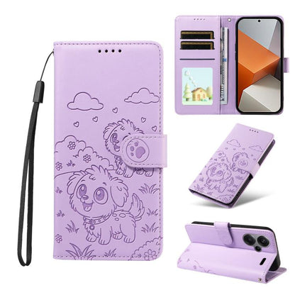 Embossed Heart Dog RFID Blocking Wallet Leather Phone Case, For Redmi Note 13 Pro+ 5G, For Redmi 12 4G / 5G / Note 12R, For Redmi Note 12 Turbo / Poco F5, For Redmi 11A 4G / Poco C55, For Redmi 10C / 10 Power