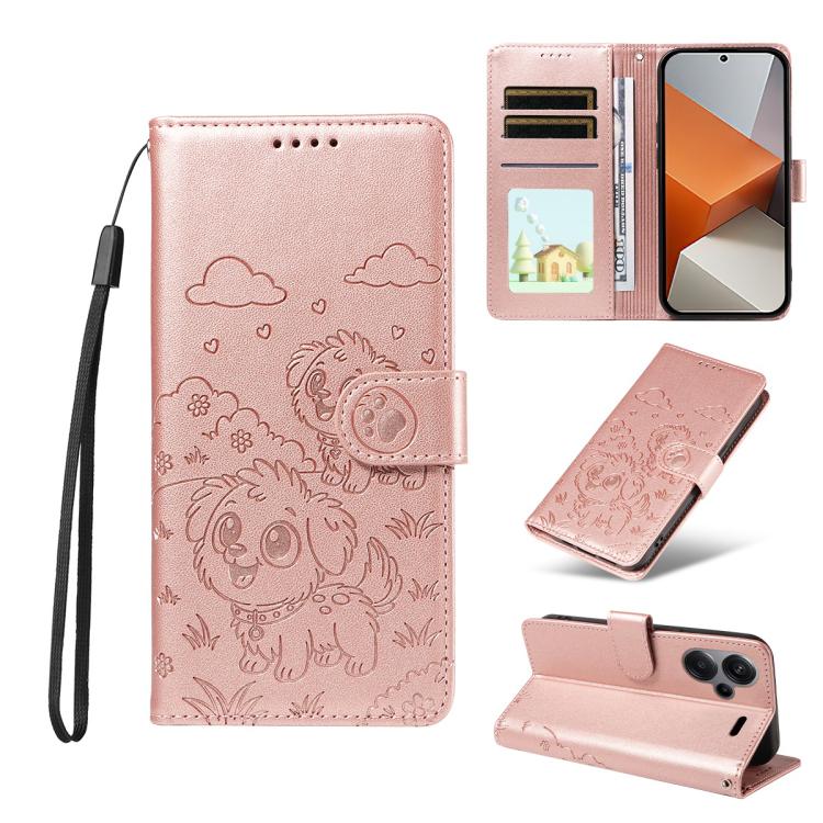 Embossed Heart Dog RFID Blocking Wallet Leather Phone Case, For Redmi Note 13 Pro+ 5G, For Redmi 12 4G / 5G / Note 12R, For Redmi Note 12 Turbo / Poco F5, For Redmi 11A 4G / Poco C55, For Redmi 10C / 10 Power