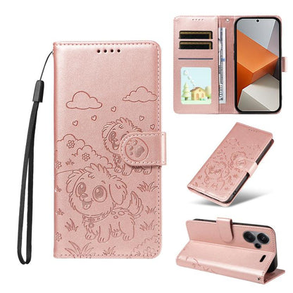 Embossed Heart Dog RFID Blocking Wallet Leather Phone Case, For Redmi Note 13 Pro+ 5G, For Redmi 12 4G / 5G / Note 12R, For Redmi Note 12 Turbo / Poco F5, For Redmi 11A 4G / Poco C55, For Redmi 10C / 10 Power