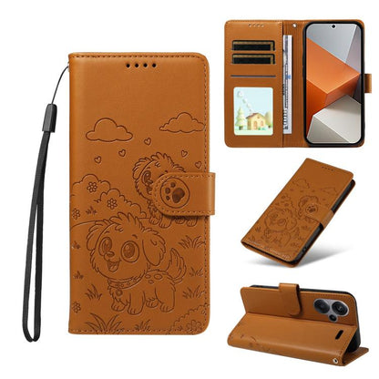 Embossed Heart Dog RFID Blocking Wallet Leather Phone Case, For Redmi Note 13 Pro+ 5G, For Redmi 12 4G / 5G / Note 12R, For Redmi Note 12 Turbo / Poco F5, For Redmi 11A 4G / Poco C55, For Redmi 10C / 10 Power