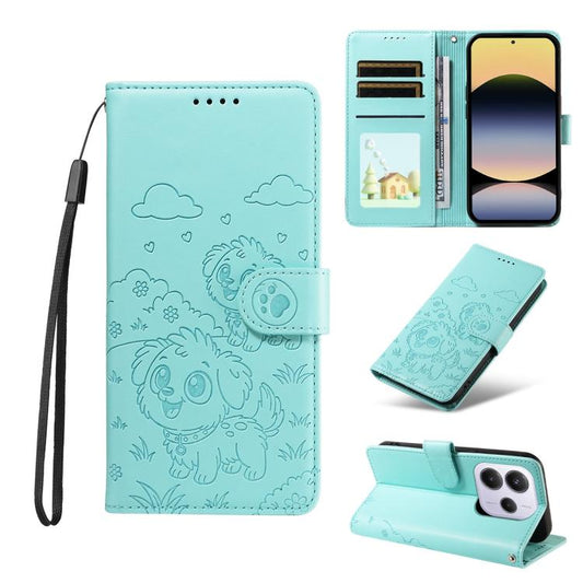 Embossed Heart Dog RFID Blocking Wallet Leather Phone Case, For Redmi Note 14 4G 164.84mm, For Redmi Note 14 Pro+ 5G / 14 Pro 4G, For Redmi Turbo 4 5G / Poco X7 Pro 5G, For Redmi Note 14 5G / Poco M7 Pro 5G, For Redmi Note 14 4G 163.25mm