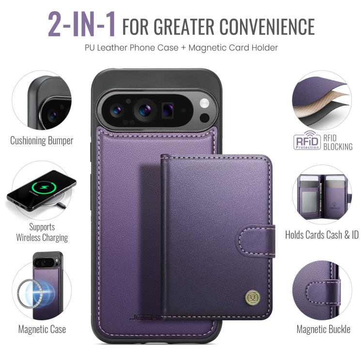 JEEHOOD J09 Buckle Card Bag MagSafe Magnetic Style RFID Leather Phone Case, For Google Pixel 11 Pro XL, For Google Pixel 11 / 11 Pro, For Google Pixel 10a, For Google Pixel 9 Pro XL, For Google Pixel 9 / 9 Pro