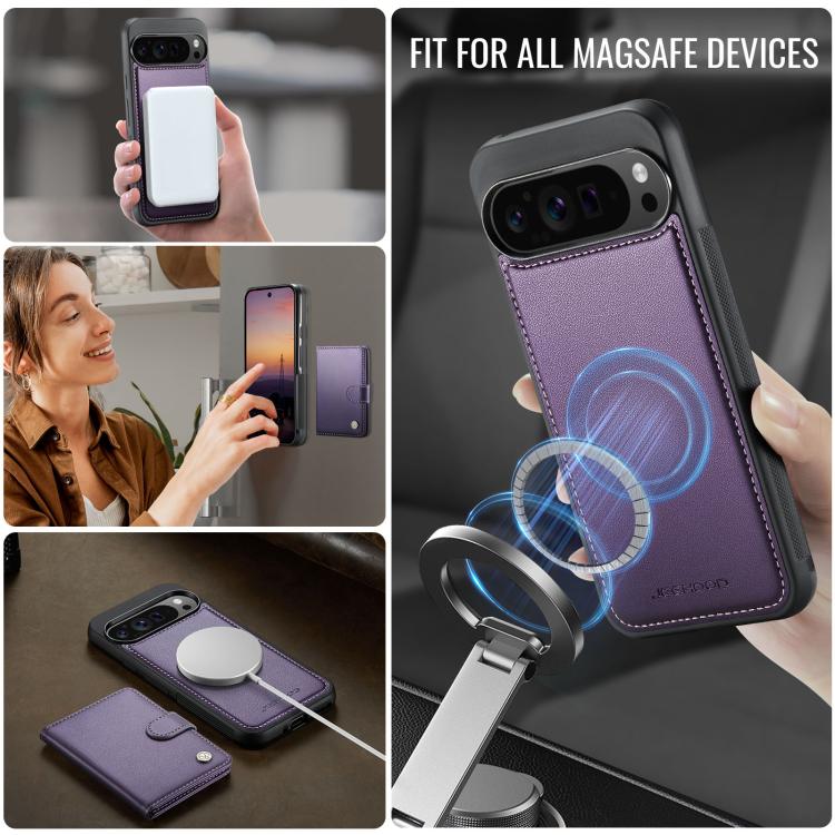 JEEHOOD J09 Buckle Card Bag MagSafe Magnetic Style RFID Leather Phone Case, For Google Pixel 11 Pro XL, For Google Pixel 11 / 11 Pro, For Google Pixel 10a, For Google Pixel 9 Pro XL, For Google Pixel 9 / 9 Pro