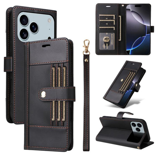 Six Card Slots Buckle Leather Phone Case with Lanyard, For iPhone 17 Pro Max, For iPhone 17 Pro, For iPhone 17, For iPhone 17 Air