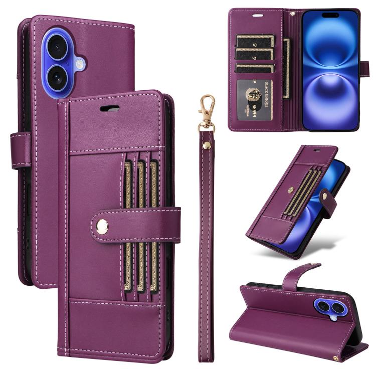 Six Card Slots Buckle Leather Phone Case with Lanyard, For iPhone 18 Pro / 17 Pro, For iPhone 18 Pro Max / 17 Pro Max, For iPhone 17, For iPhone 17 Air
