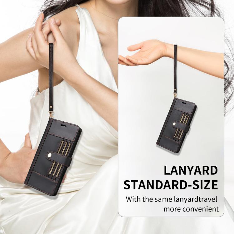 Six Card Slots Buckle Leather Phone Case with Lanyard, For iPhone 18 Pro / 17 Pro, For iPhone 18 Pro Max / 17 Pro Max, For iPhone 17, For iPhone 17 Air