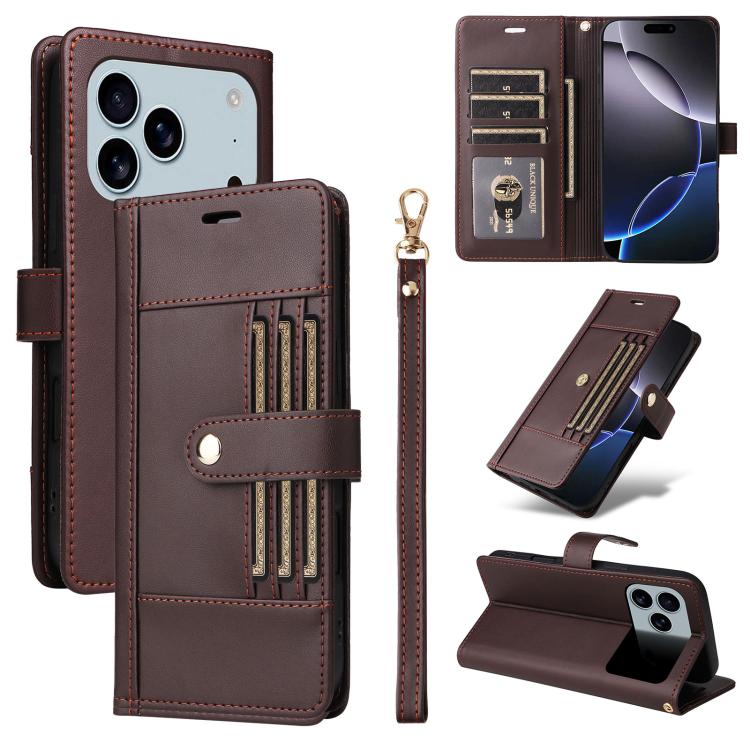 Six Card Slots Buckle Leather Phone Case with Lanyard, For iPhone 18 Pro / 17 Pro, For iPhone 18 Pro Max / 17 Pro Max, For iPhone 17, For iPhone 17 Air