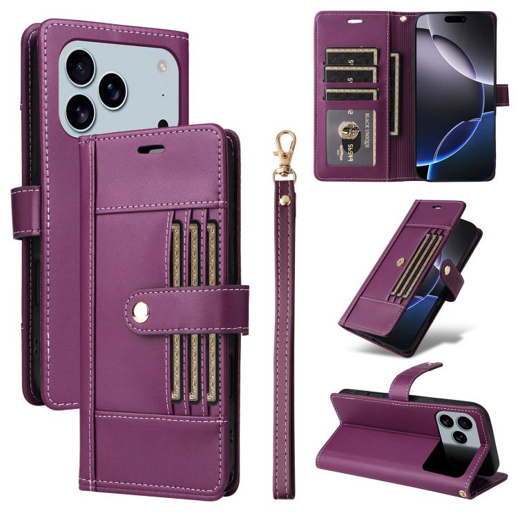 Six Card Slots Buckle Leather Phone Case with Lanyard, For iPhone 18 Pro / 17 Pro, For iPhone 18 Pro Max / 17 Pro Max, For iPhone 17, For iPhone 17 Air
