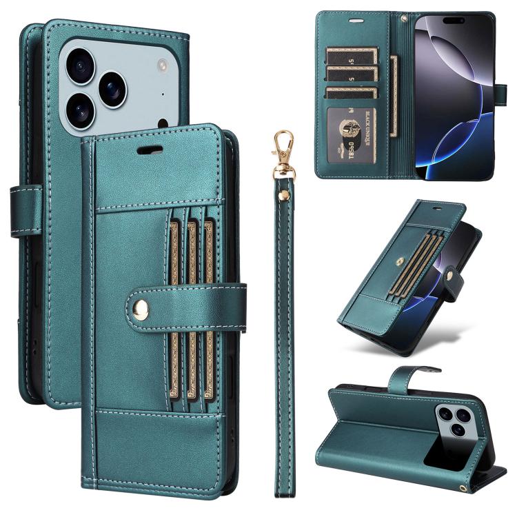 Six Card Slots Buckle Leather Phone Case with Lanyard, For iPhone 18 Pro / 17 Pro, For iPhone 18 Pro Max / 17 Pro Max, For iPhone 17, For iPhone 17 Air
