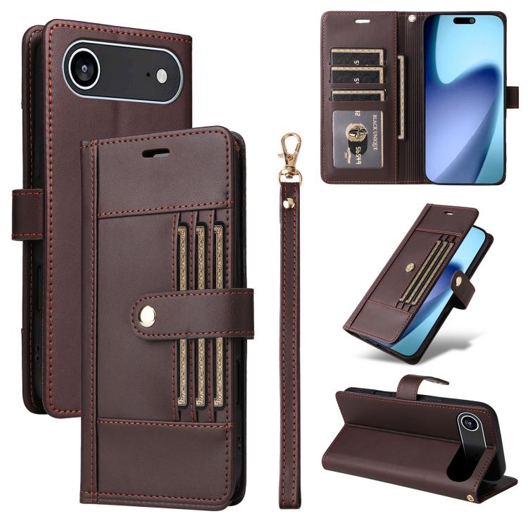 Six Card Slots Buckle Leather Phone Case with Lanyard, For iPhone 18 Pro / 17 Pro, For iPhone 18 Pro Max / 17 Pro Max, For iPhone 17, For iPhone 17 Air