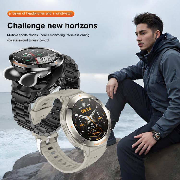 D13 Écouteurs Bluetooth 2 en 1 Montre connectée avec fonction d'appel, supporte les appels Bluetooth / NFC / surveillance de la santé, bracelet en silicone, bracelet en acier à 3 perles, bracelet en acier milanais