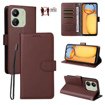 Litchi Texture RFID Blocking 3-Card Wallet Leather Phone Case, For Redmi K80 / Poco F7 Pro, For Redmi 14C 4G / 5G / 14R / Poco M7, For Redmi Note 14 4G Global 164.84mm, For Redmi Note 14 Pro 5G / 14 Pro+ 5G, For Redmi Turbo 4 5G / Poco X7 Pro 5G       ...
