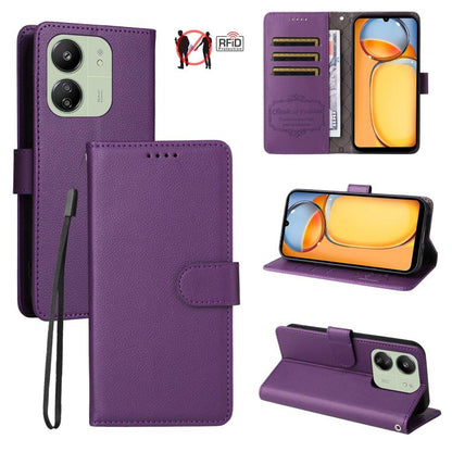 Litchi Texture RFID Blocking 3-Card Wallet Leather Phone Case, For Redmi K80 / Poco F7 Pro, For Redmi 14C 4G / 5G / 14R / Poco M7, For Redmi Note 14 4G Global 164.84mm, For Redmi Note 14 Pro 5G / 14 Pro+ 5G, For Redmi Turbo 4 5G / Poco X7 Pro 5G       ...