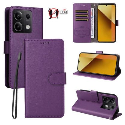 Litchi Texture RFID Blocking 3-Card Wallet Leather Phone Case, For Redmi Note 13 5G, For Redmi Note 13 Pro+ 5G, For Redmi 12 4G / 5G / Note 12R, For Redmi Note 12 Turbo / Poco F5, For Redmi 12C / 11A / Poco C55, For Redmi 10C / 10 India / 10 Power