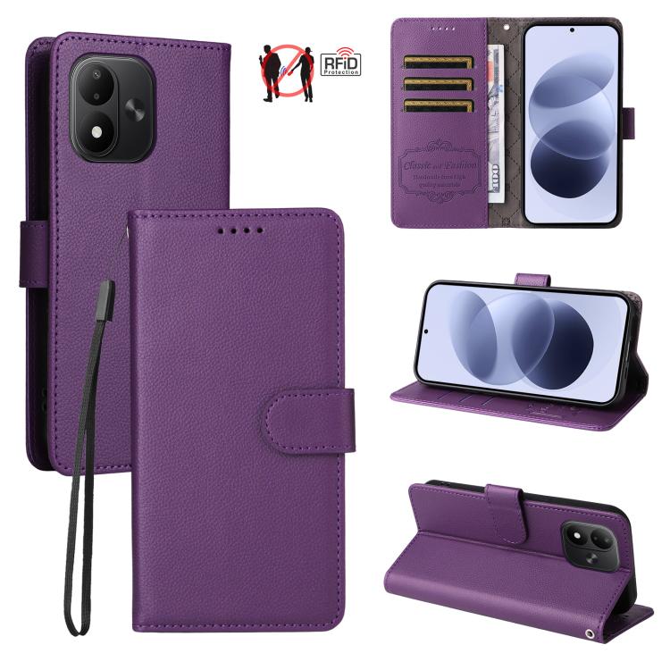 Litchi Texture RFID Blocking 3-Card Wallet Leather Phone Case, For Redmi Note 17 5G / 4G Global 171mm, For Redmi Note 17 Pro+ 5G Global 163mm, For Redmi 17 5G / 4G Global 170mm, For Redmi 15a 5G, For Redmi Turbo 5 Max 5G / Poco X8 Pro Max 5G           ...