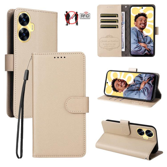 Litchi Texture RFID Blocking 3-Card Wallet Leather Phone Case, For Realme C55, For Realme C35 / Narzo 50A Prime