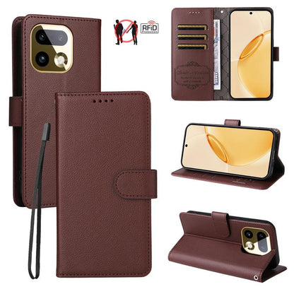 Litchi Texture RFID Blocking 3-Card Wallet Leather Phone Case, For Realme P4R 5G / P4x 4G / C100 4G / C100i, For Realme 16 Pro+ 5G, For Realme 16 Pro 5G, For Realme P4x 5G, For Realme 15x 5G India / Realme C85 5G, For Realme C85 Pro 4G, For Realme 15T ...